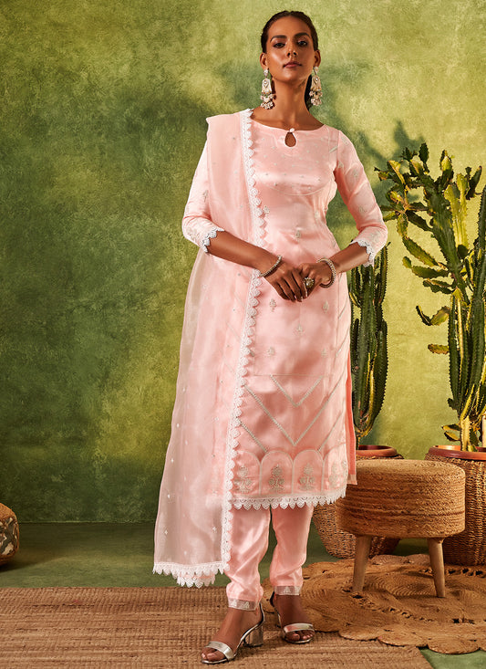 Peach Embroidered Straight Suit