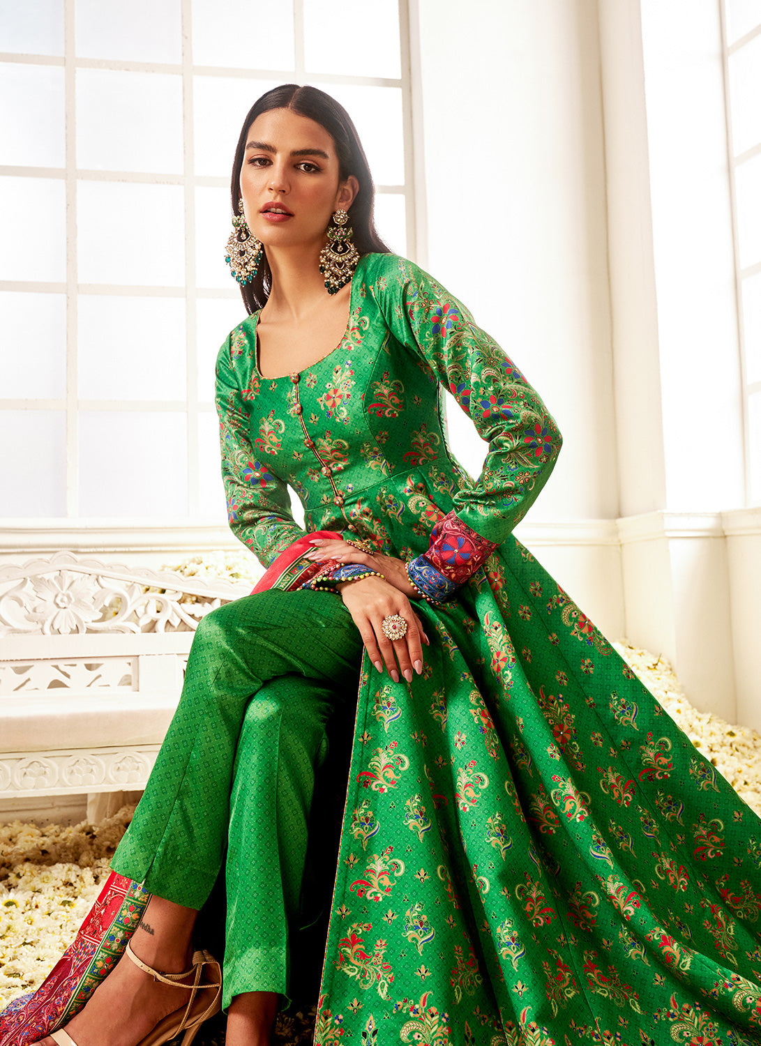 Red and Green Floral Printed Pant Style Anarkali