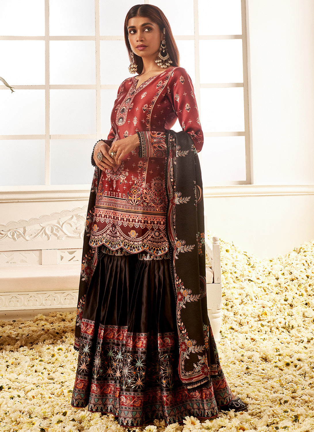 Deep Rust and Black Floral Printed Gharara Suit – Lashkaraa