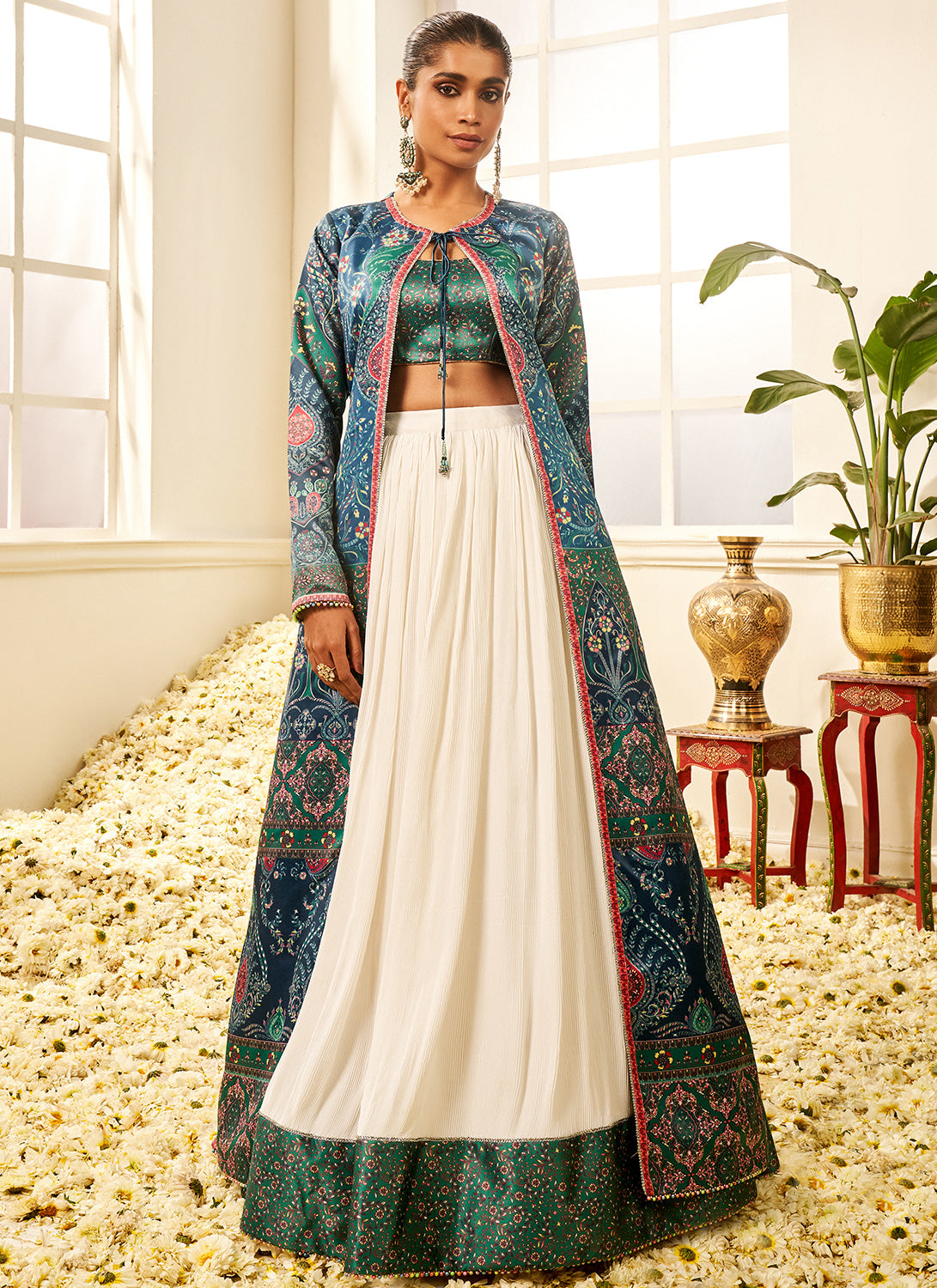 Teal Multicolor Floral Printed Lehenga With Jacket