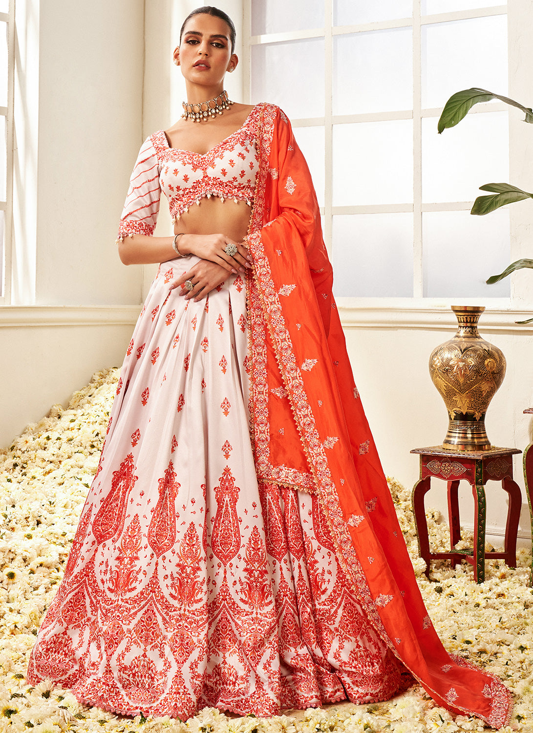 Orange and White Floral Printed Lehenga