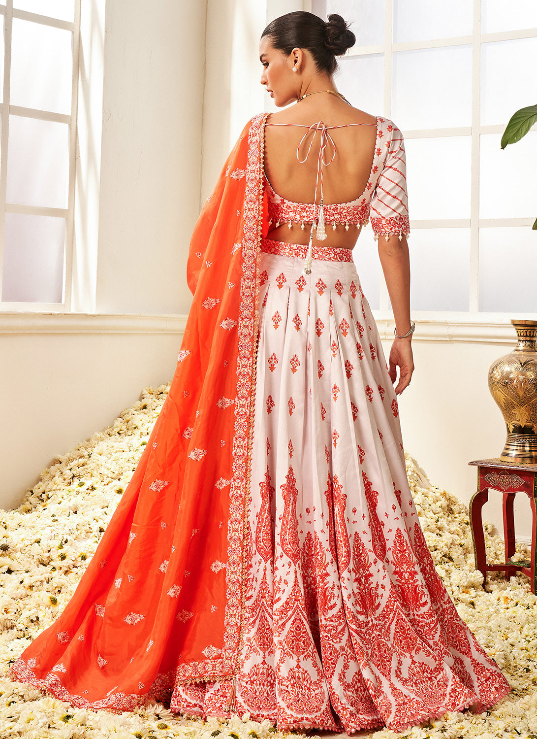 Orange and White Floral Printed Lehenga