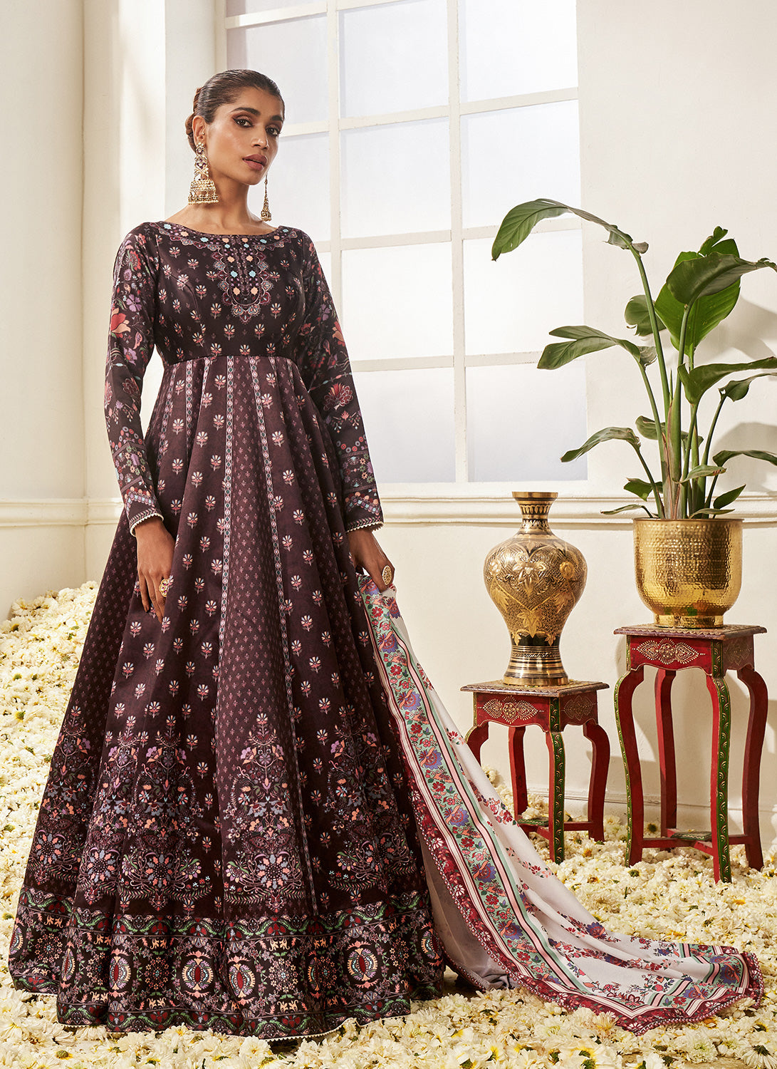 Purple and White Floral Printed Anarkali