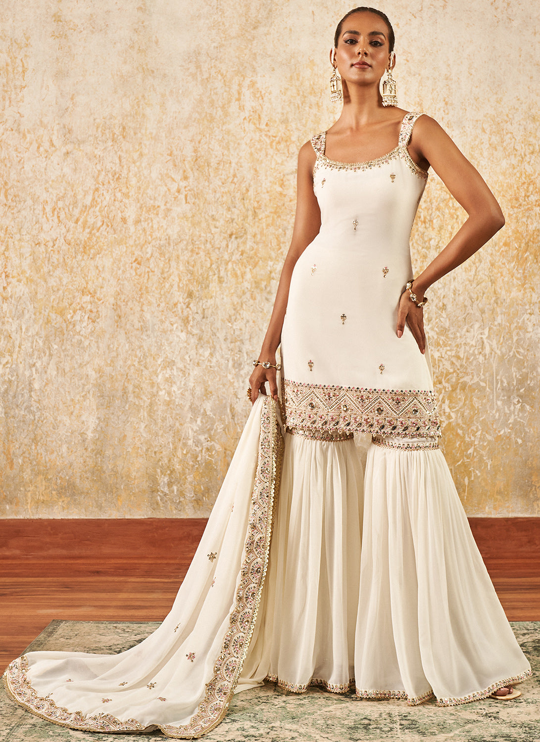 Off White Embroidered Gharara Suit