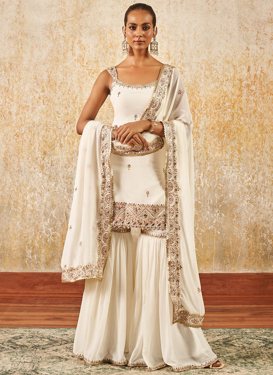 Off White Embroidered Gharara Suit