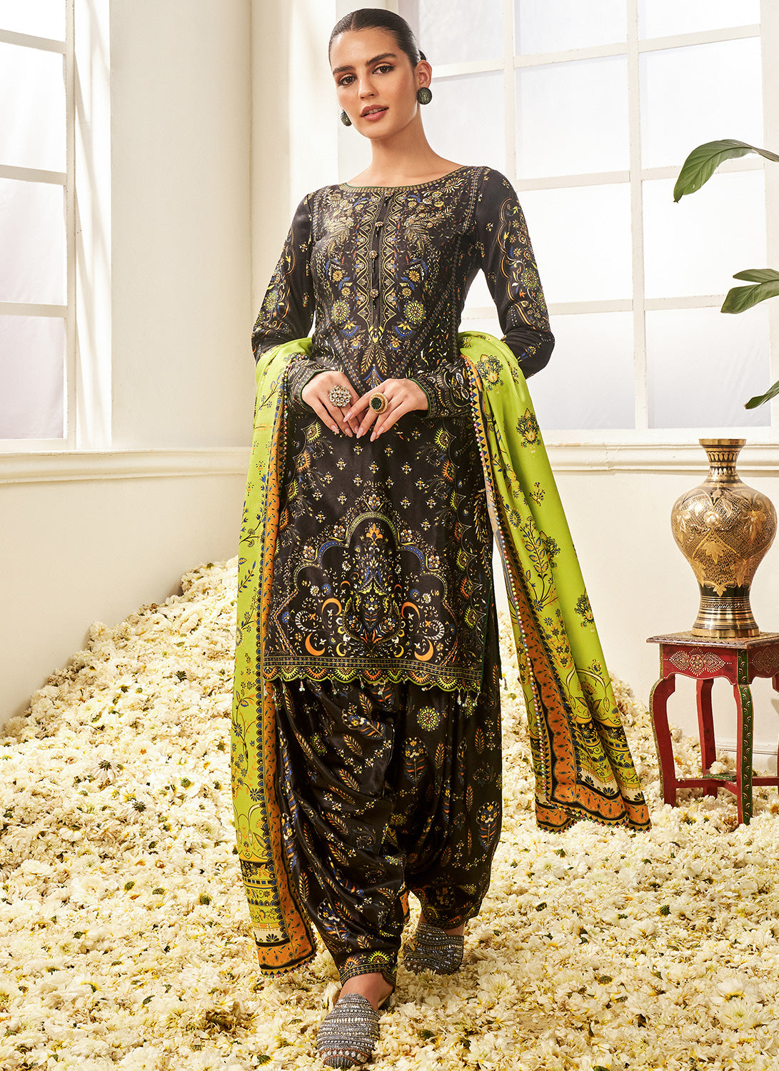Black and Lime Green Floral Printed Patiala Suit