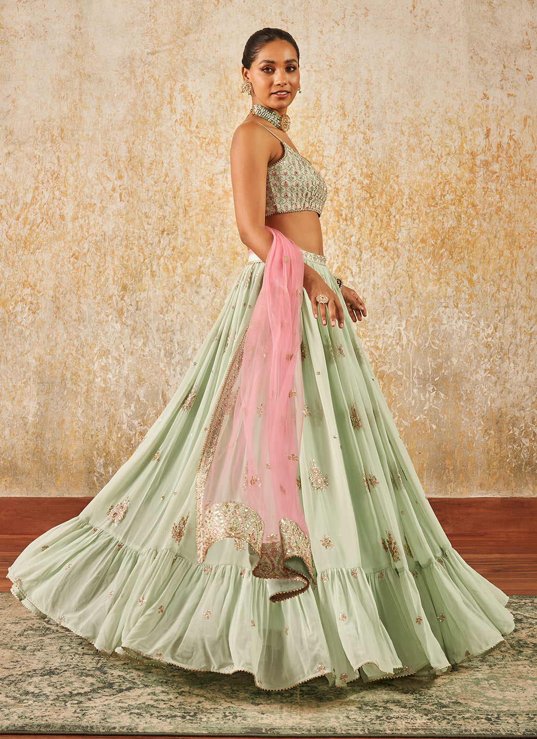 Light Mint Embroidered Lehenga