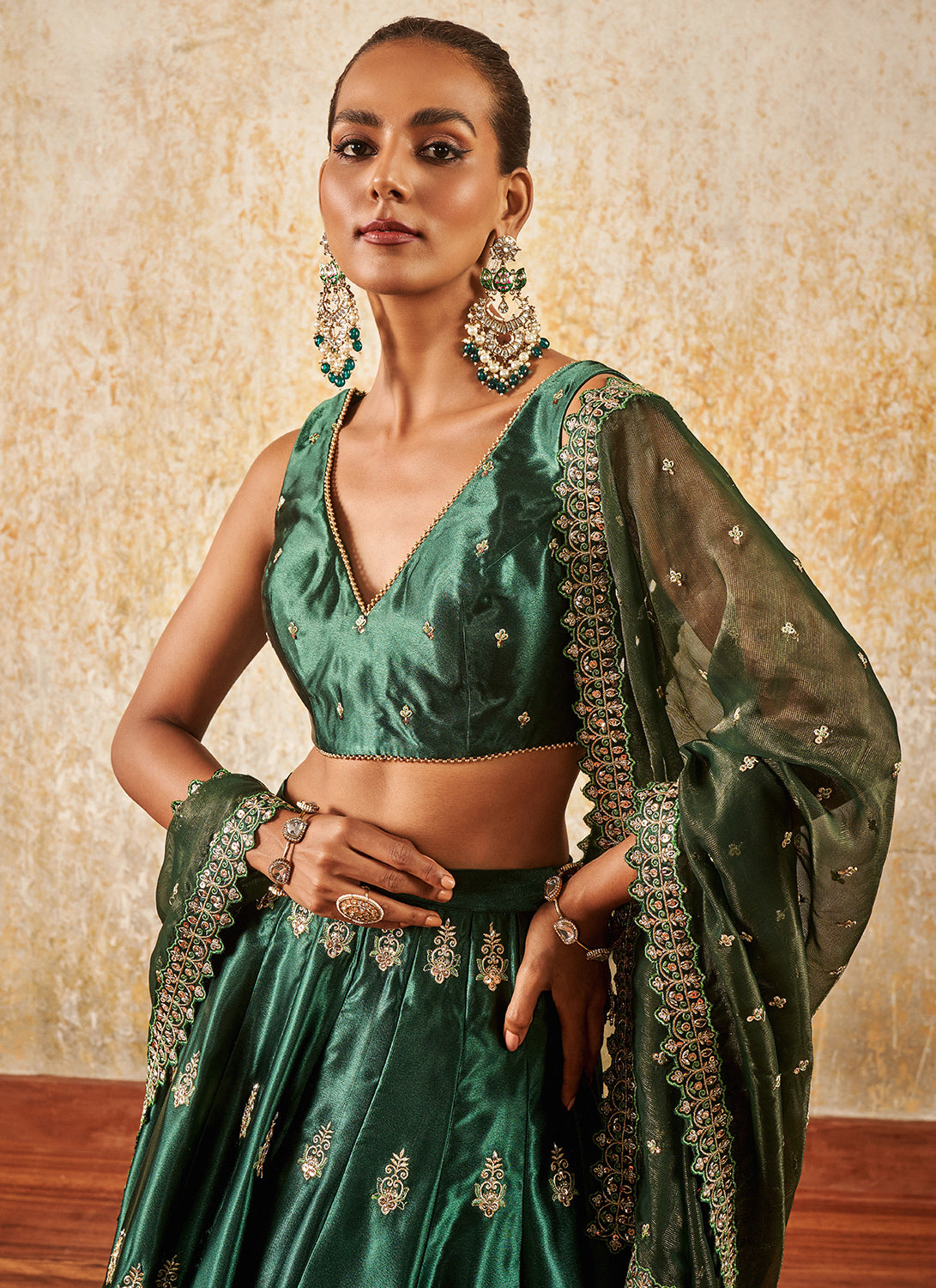 Dark Green Embroidered Lehenga