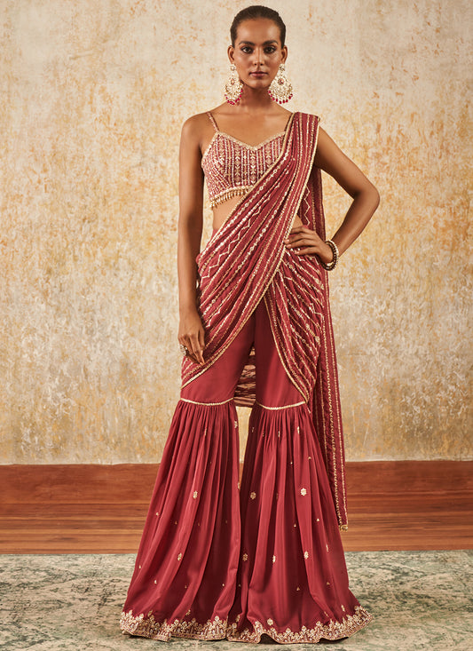 Rusty Red Embroidered Gharara Style Saree
