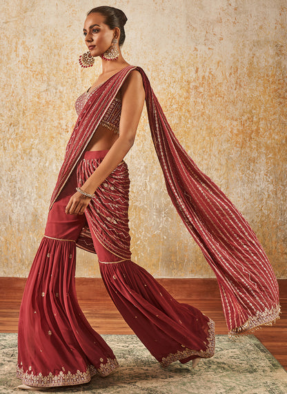 Dusty Wine Embroidered Gharara Style Saree