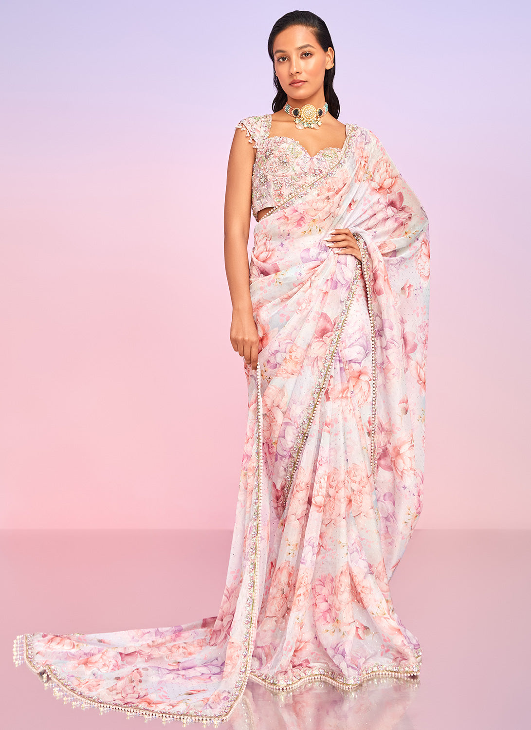 Light Pink Floral Embellished Saree