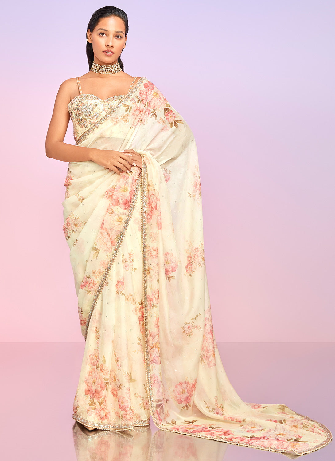 Soft Yellow Floral Embellished Saree