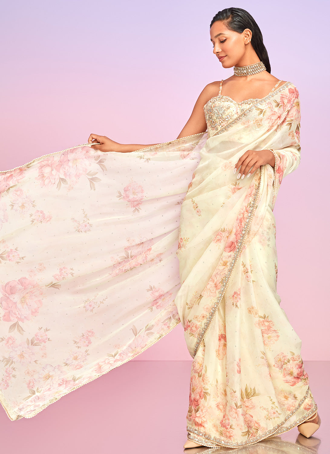 Soft Yellow Floral Embellished Saree