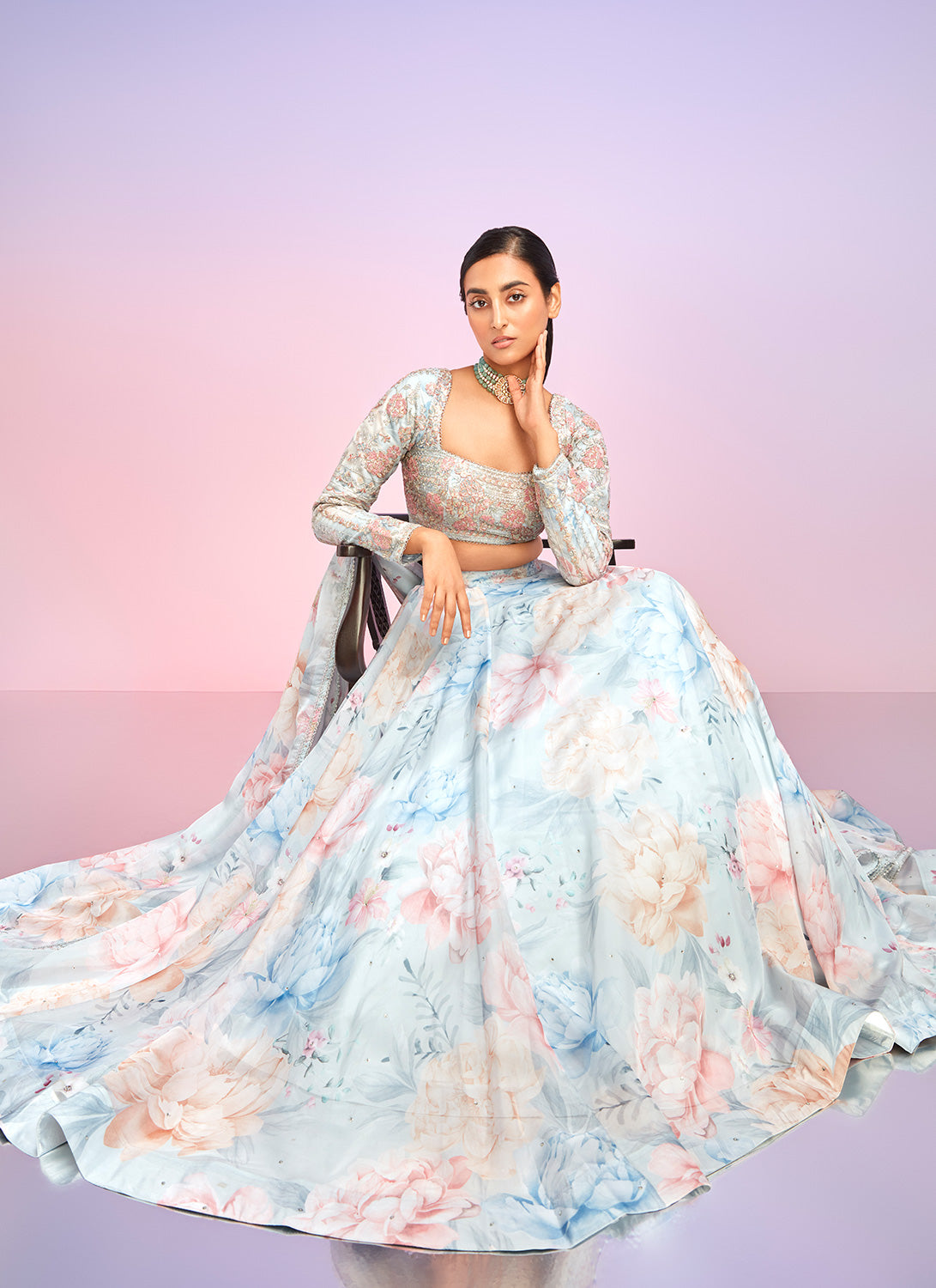 Light Blue Multicolor Floral Embellished Lehenga