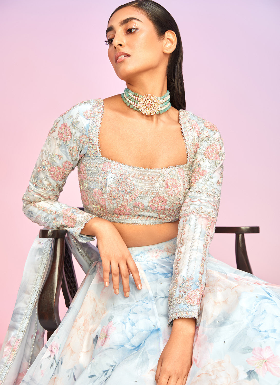 Light Blue Multicolor Floral Embellished Lehenga