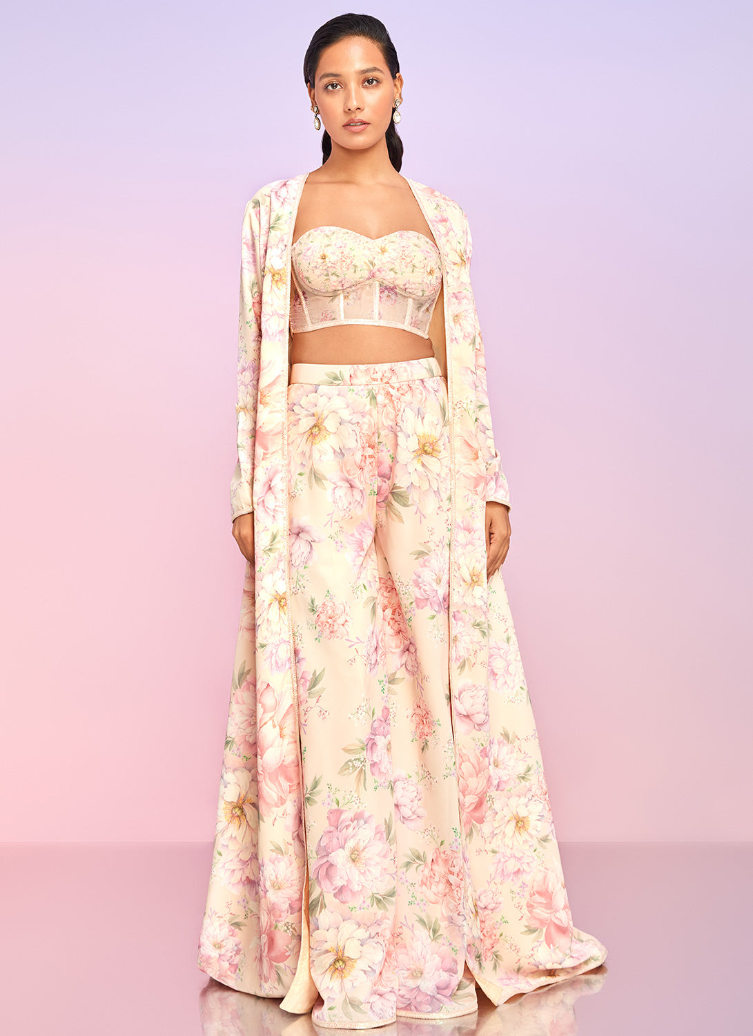 Light Peach Floral Embellished Crop Jacket Set