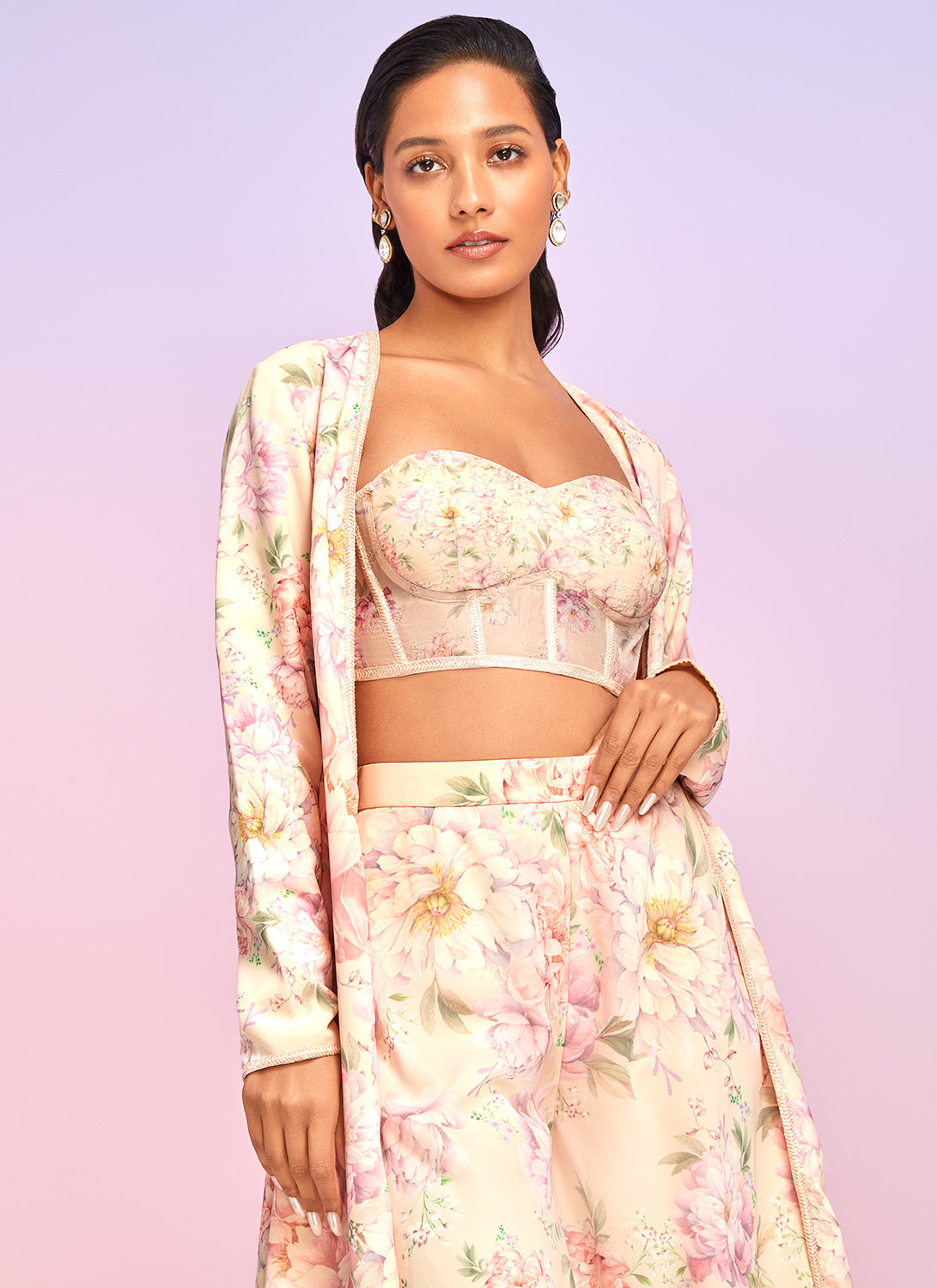 Light Peach Floral Embellished Crop Jacket Set