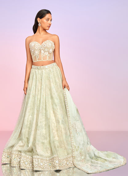 Light Green Floral Embellished Corset Style Lehenga