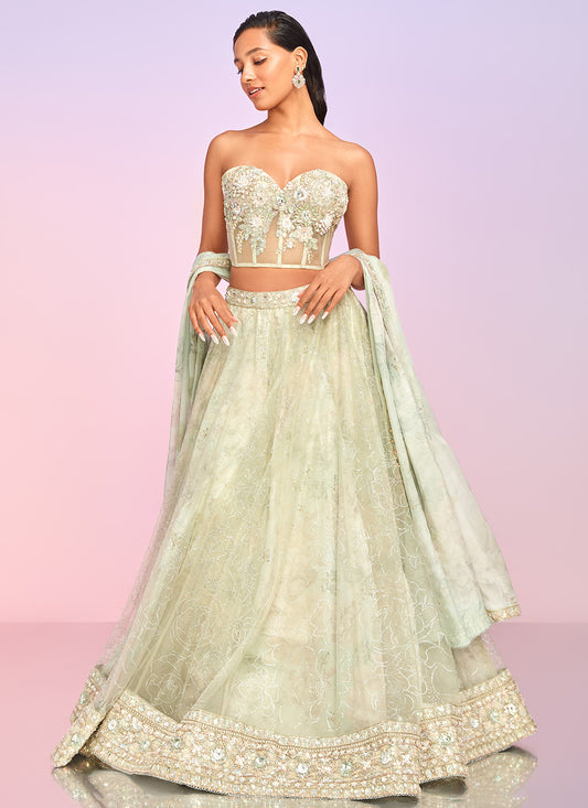 Light Green Floral Embellished Corset Style Lehenga