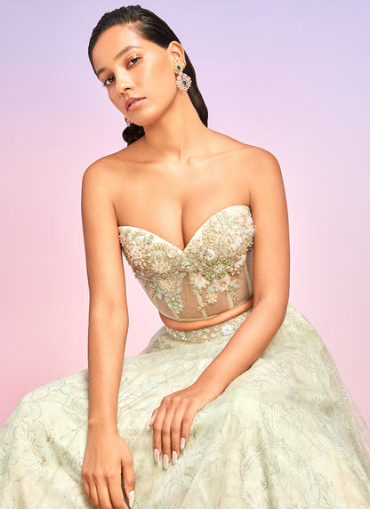 Light Green Floral Embellished Corset Style Lehenga