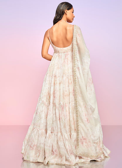 Beige Floral Embellished Anarkali