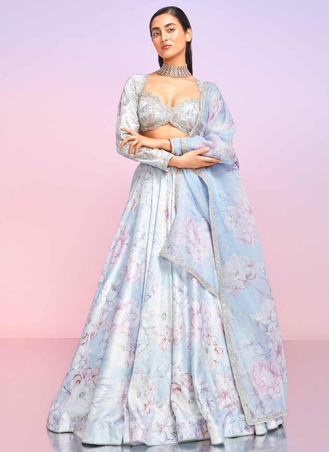 Light Dusty Periwinkle Floral Embellished Lehenga