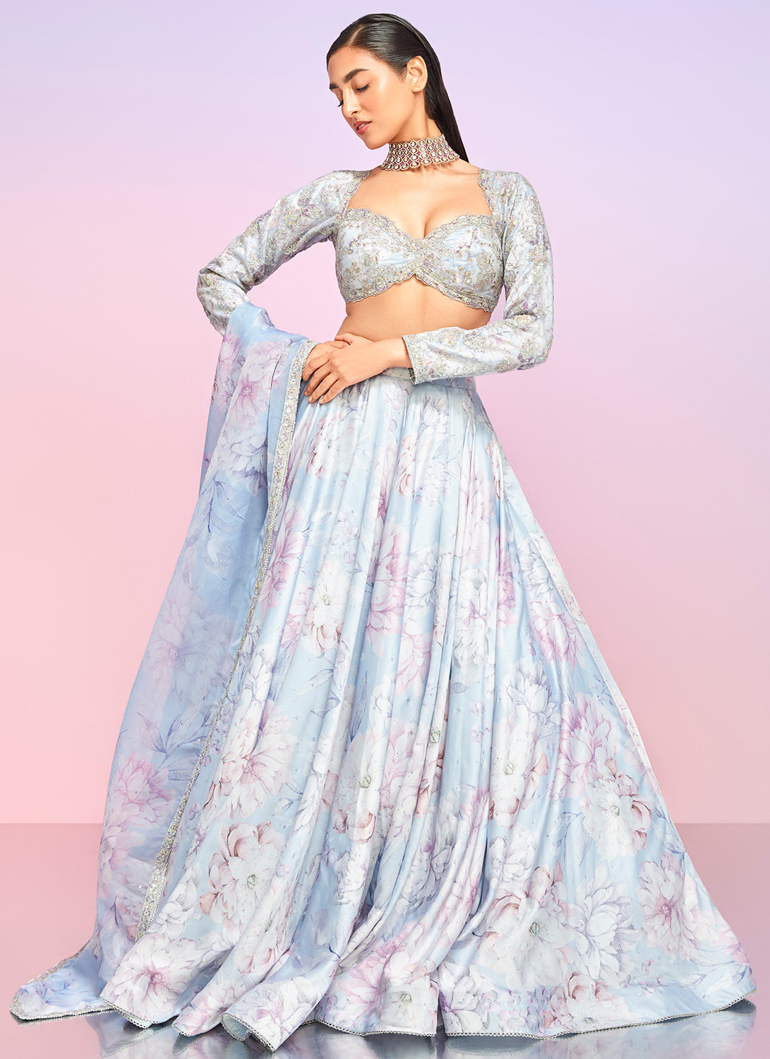 Light Dusty Periwinkle Floral Embellished Lehenga