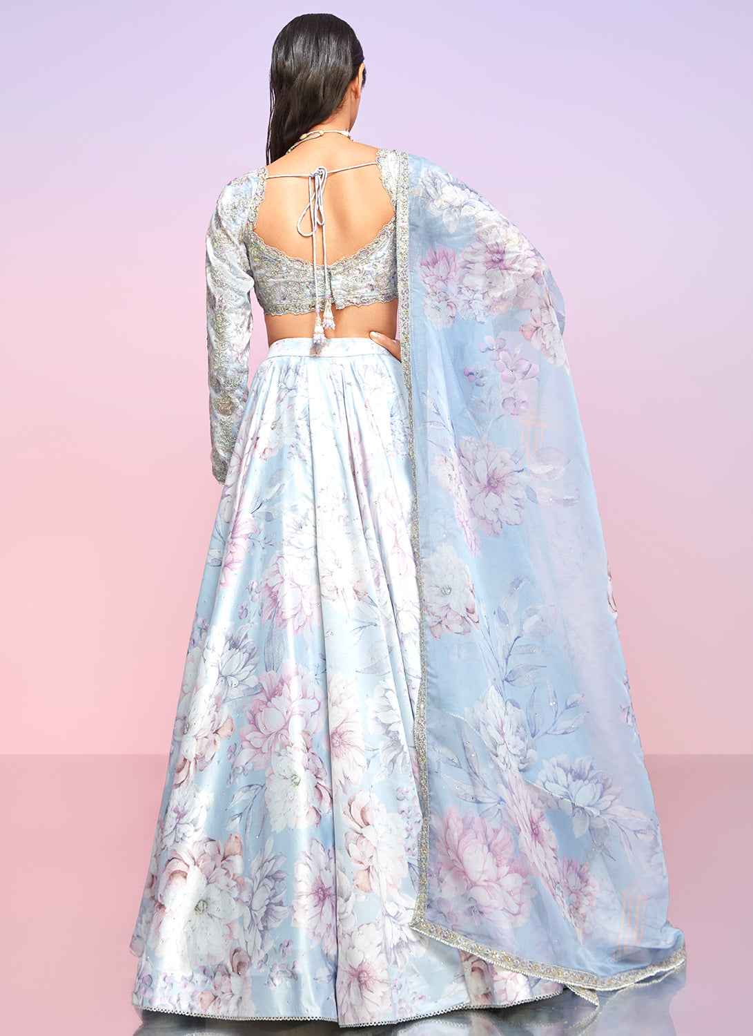 Light Dusty Periwinkle Floral Embellished Lehenga