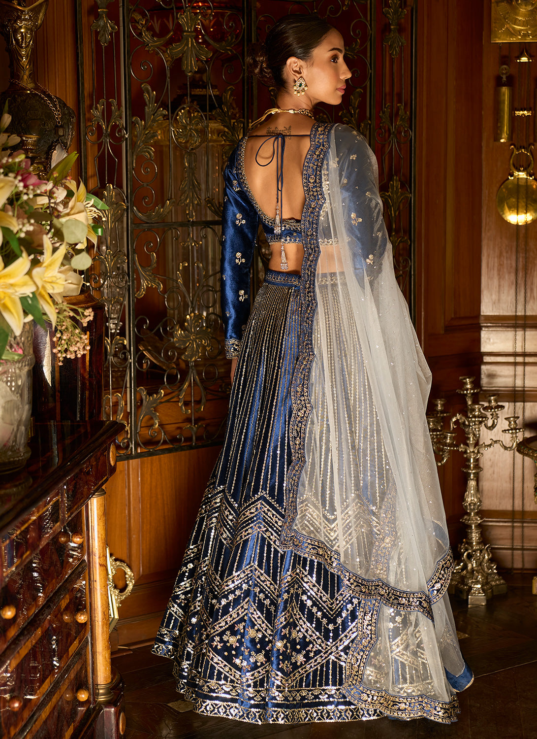 Blue Embroidered Velvet Lehenga