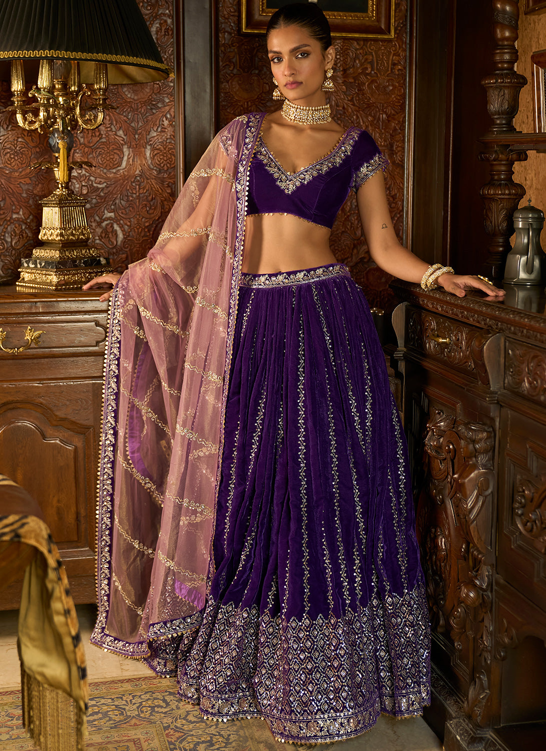 Purple Embroidered Velvet Lehenga