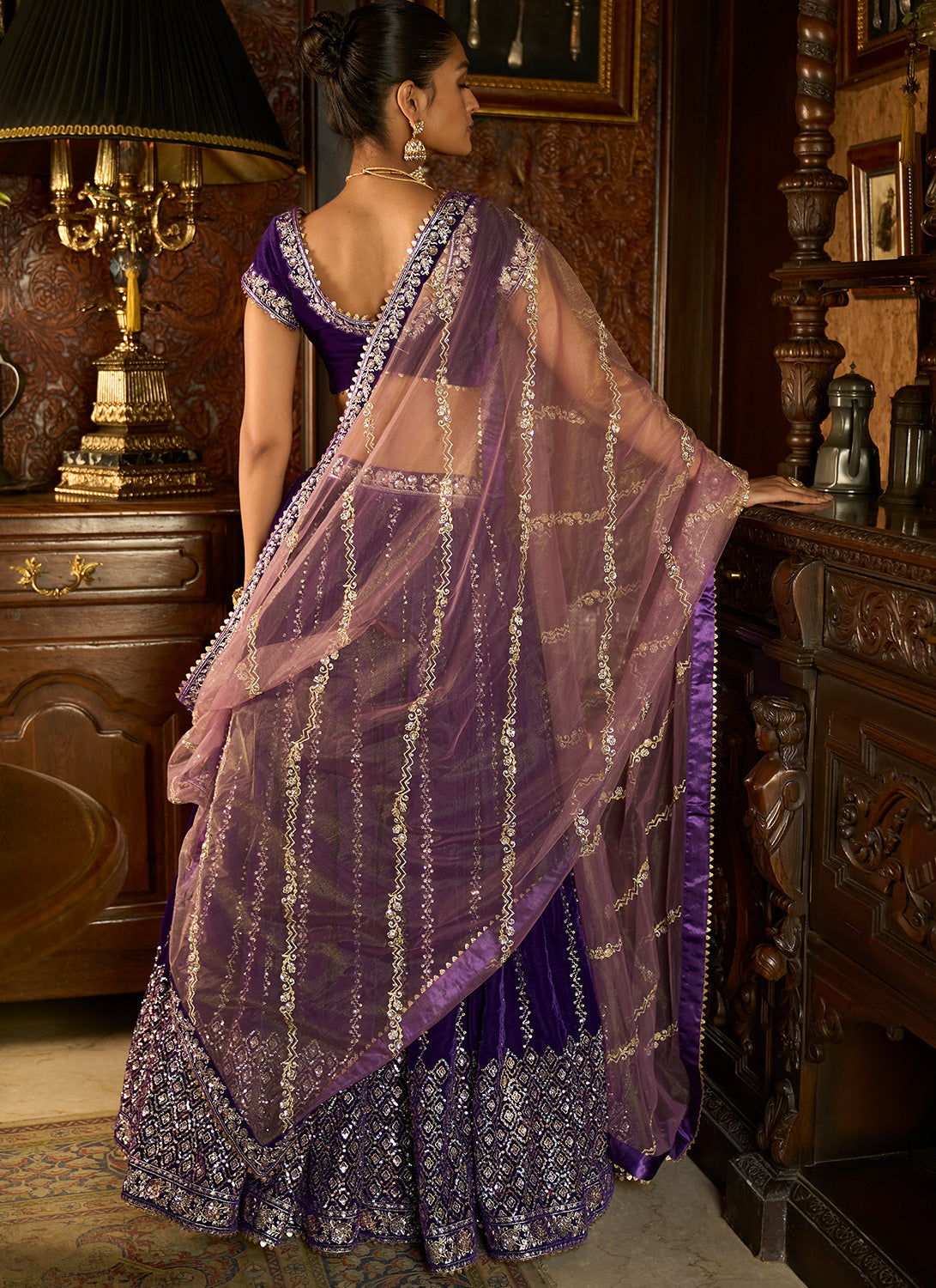 Purple Embroidered Velvet Lehenga