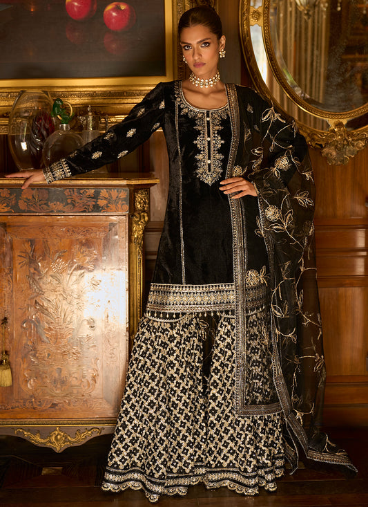 Black Embroidered Velvet Sharara Suit