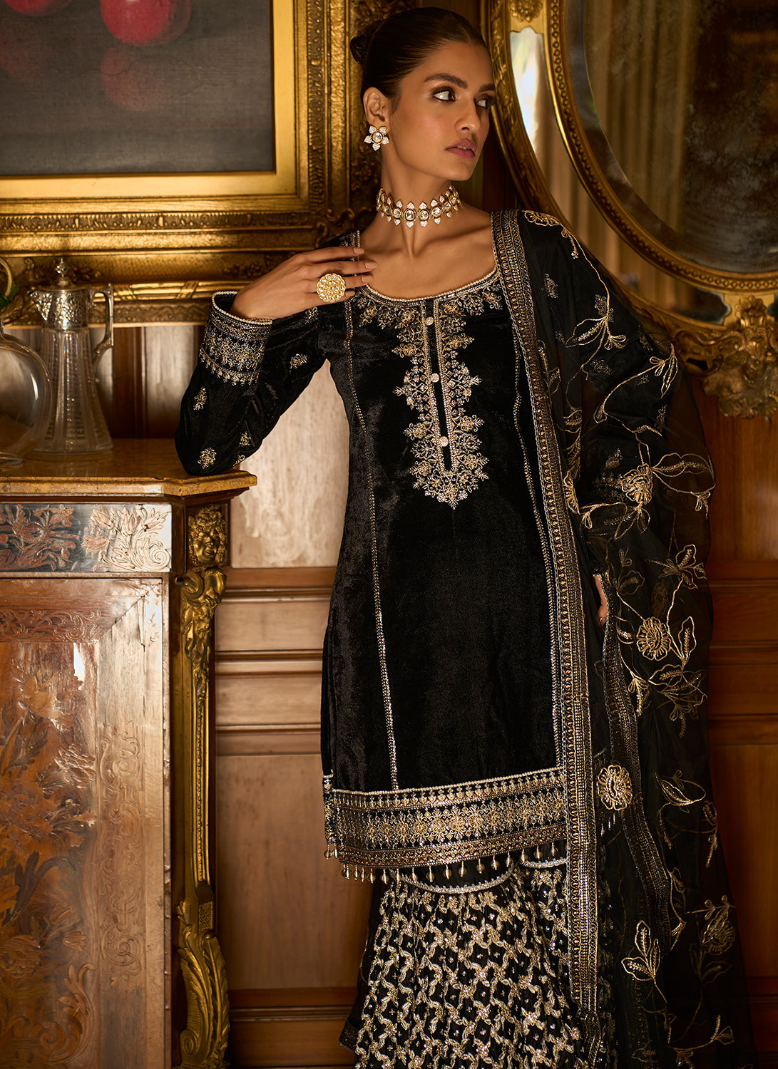 Black Embroidered Velvet Sharara Suit