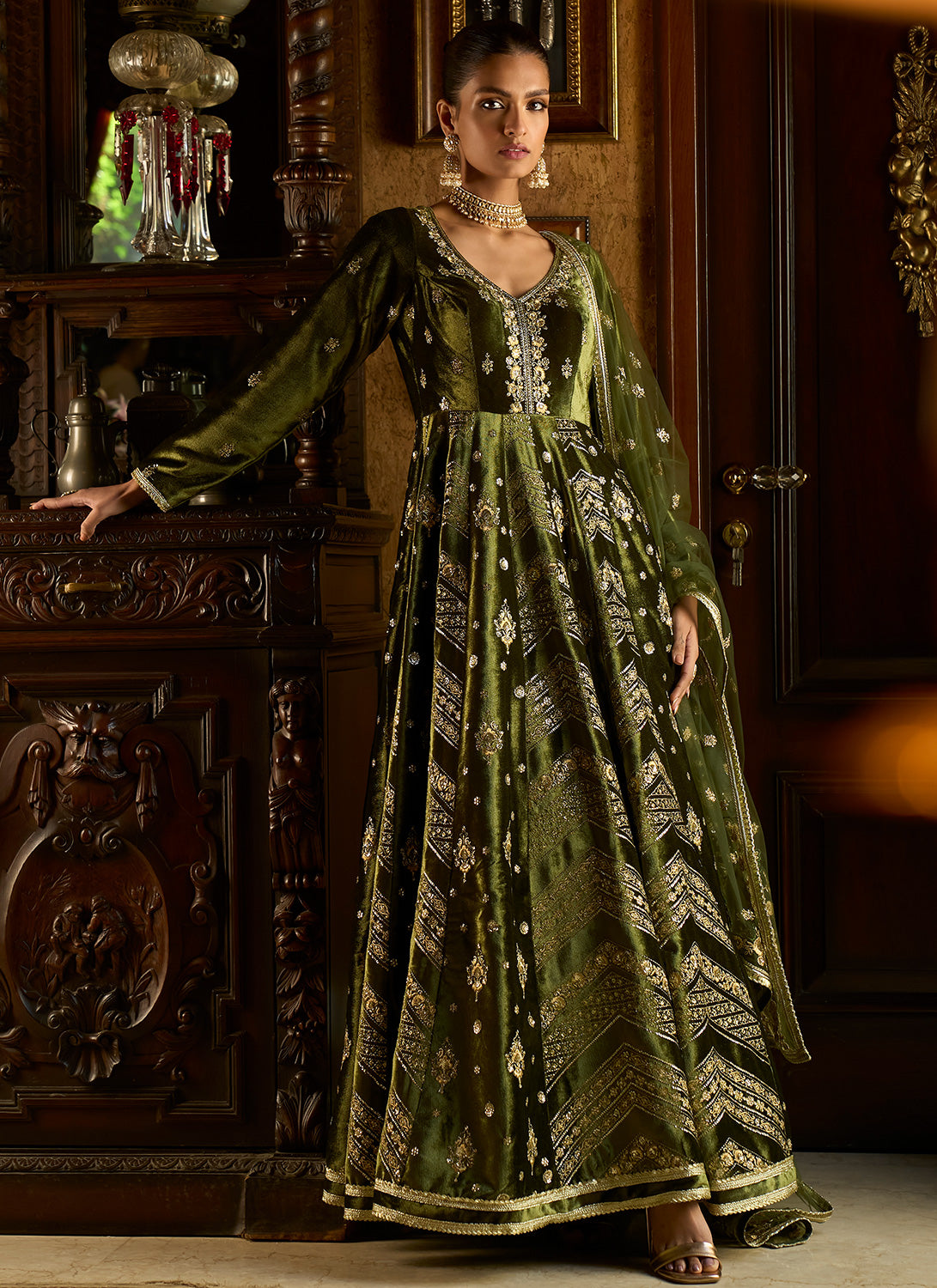 Olive Green Embroidered Velvet Anarkali