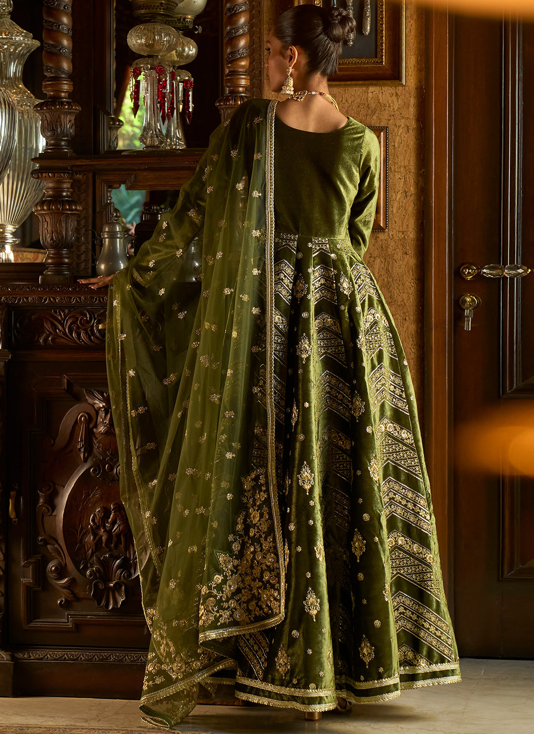 Olive Green Embroidered Velvet Anarkali