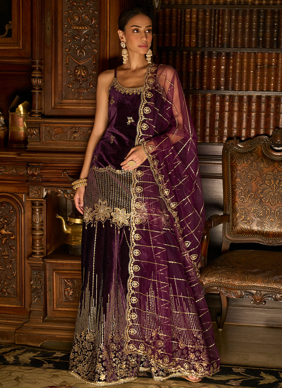 Purple Embroidered Velvet Sharara Suit