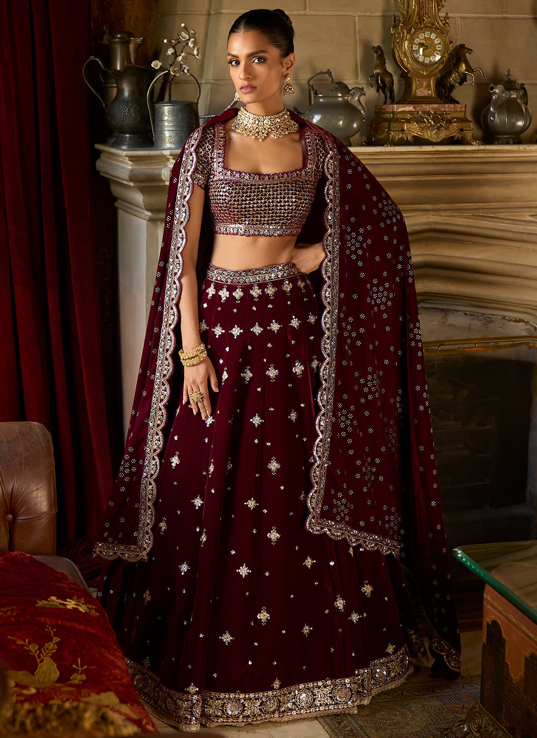 Maroon Embroidered Velvet Lehenga