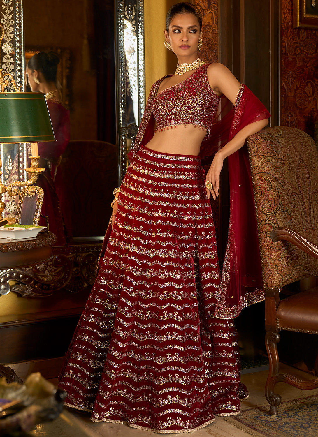 Red Embroidered Velvet Lehenga