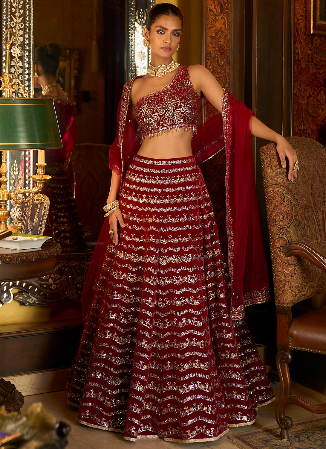 Red Embroidered Velvet Lehenga