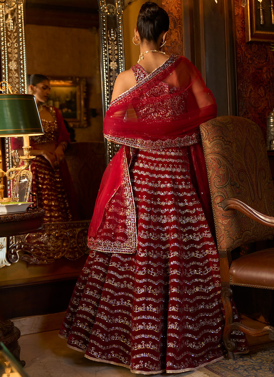 Red Embroidered Velvet Lehenga