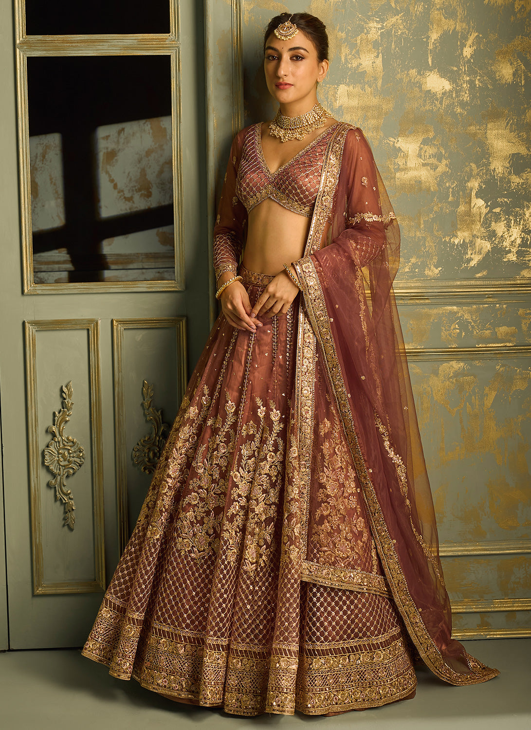 Dusty Pink and Gold Embroidered Lehenga