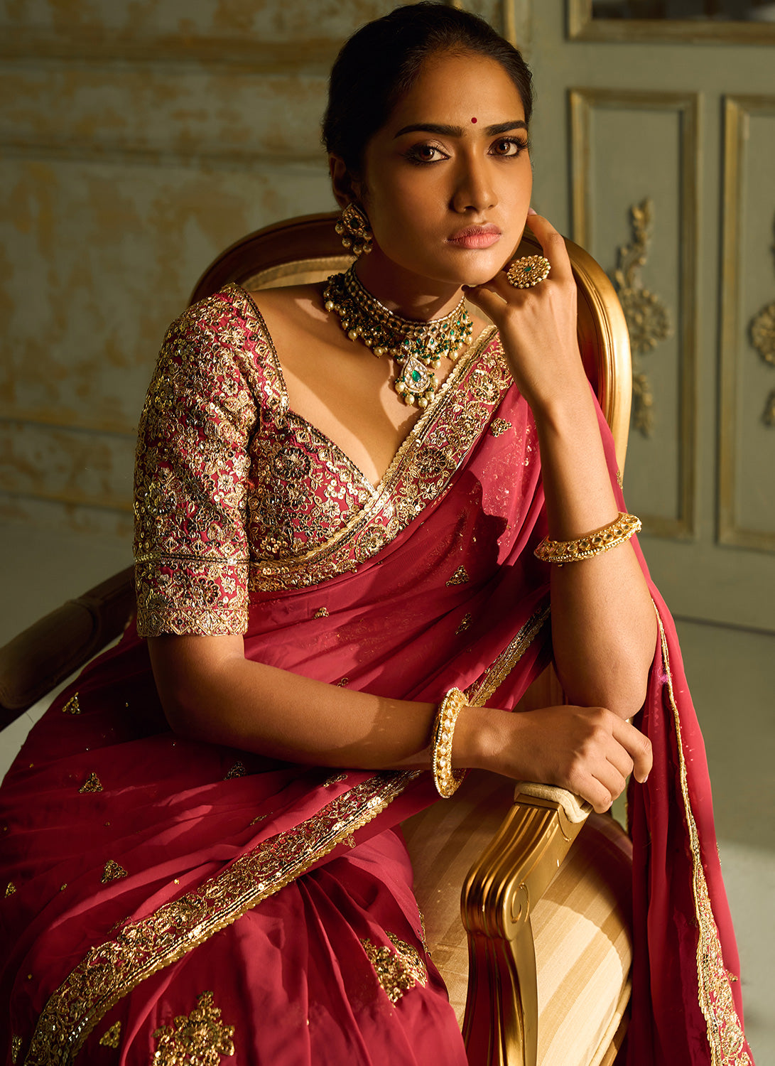 Red and Gold Embroidered Saree