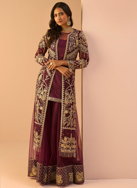 Wine Embroidered Sharara Suit
