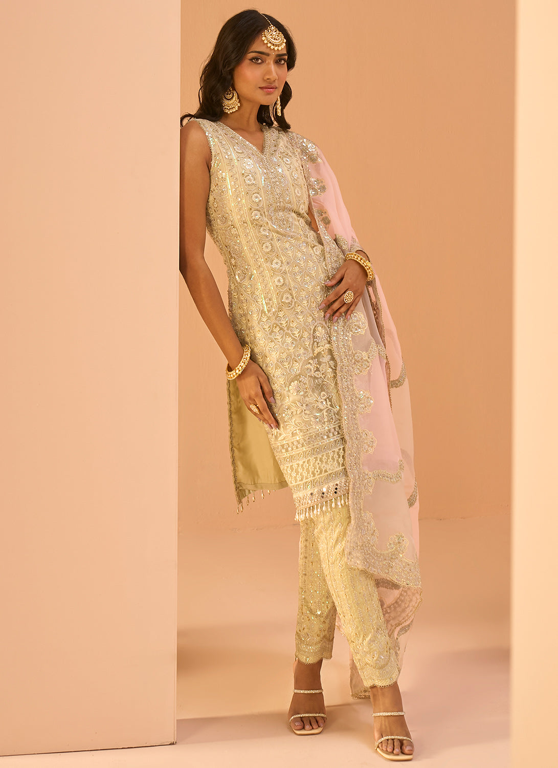 Light Yellow Embroidered Straight Suit