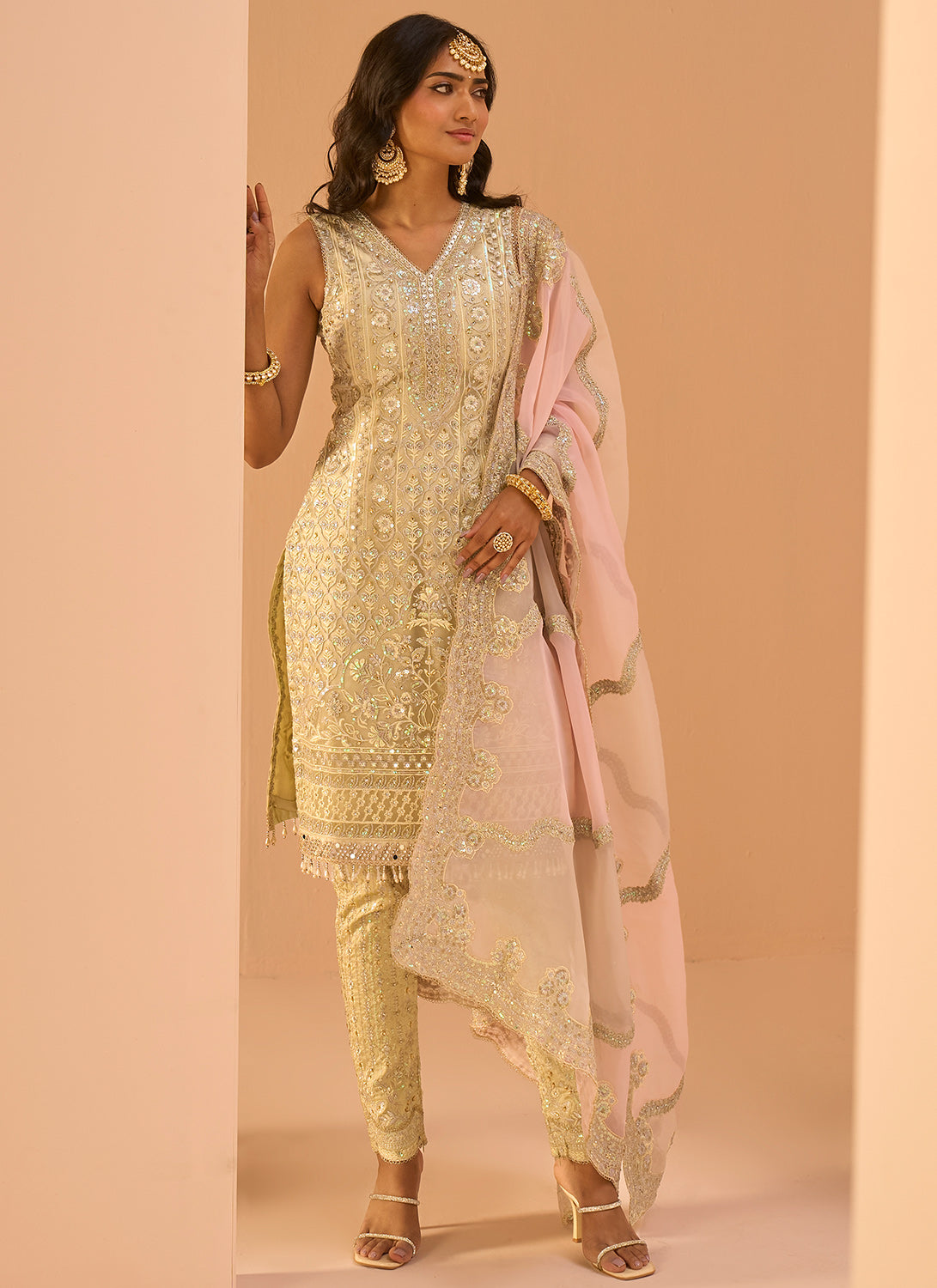 Light Yellow Embroidered Straight Suit