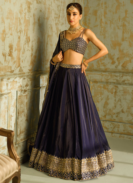 Navy Blue and Gold Embroidered Lehenga