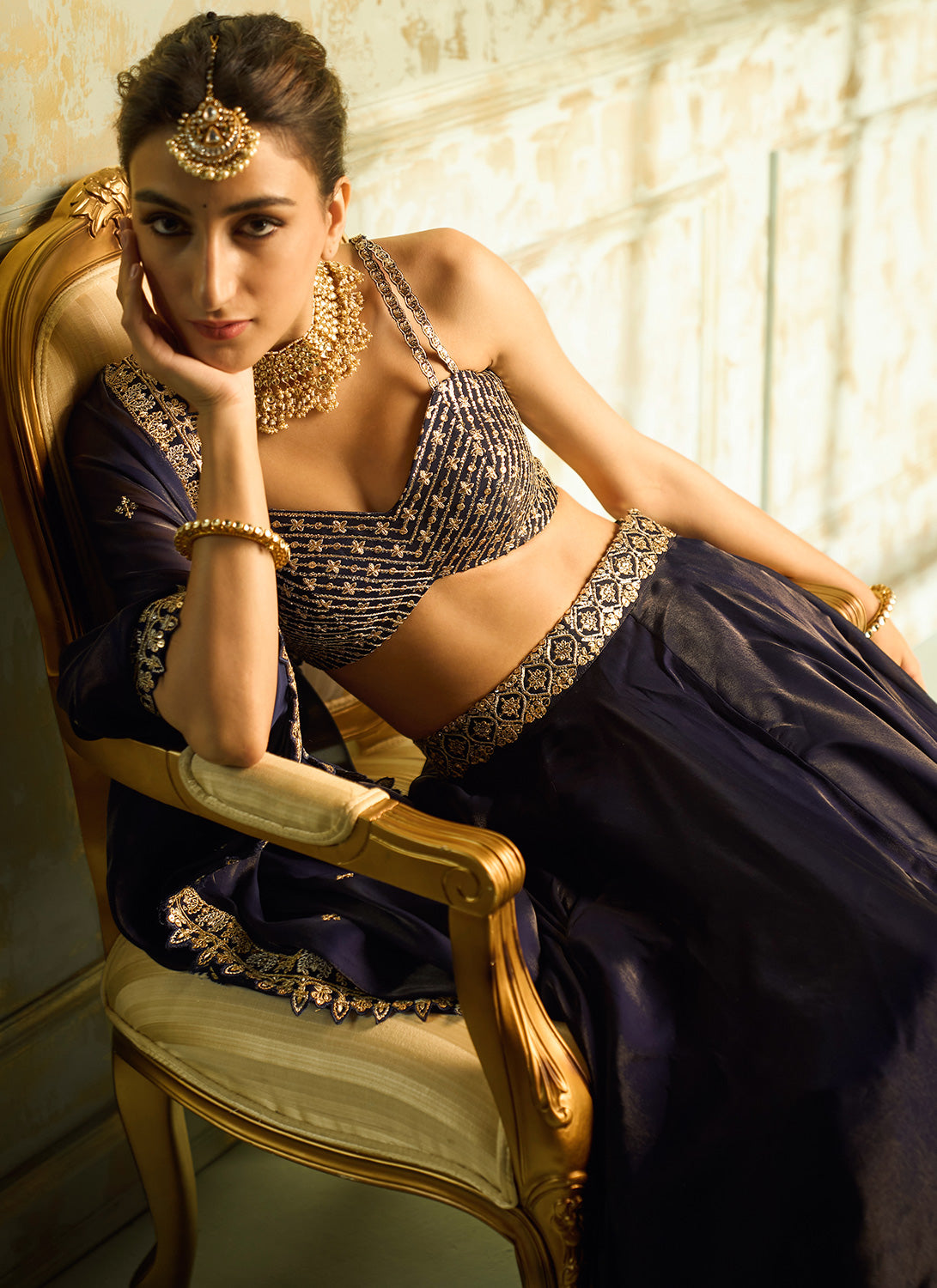 Navy Blue and Gold Embroidered Lehenga