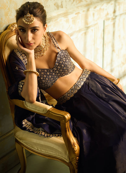 Navy Blue and Gold Embroidered Lehenga