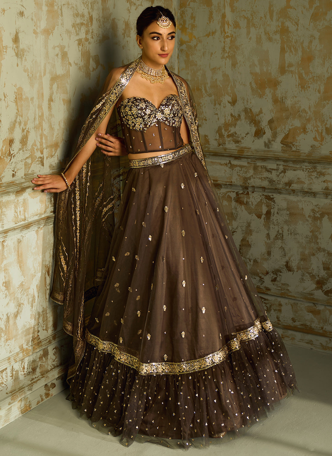 Dark Grey Embellished Corset Style Lehenga