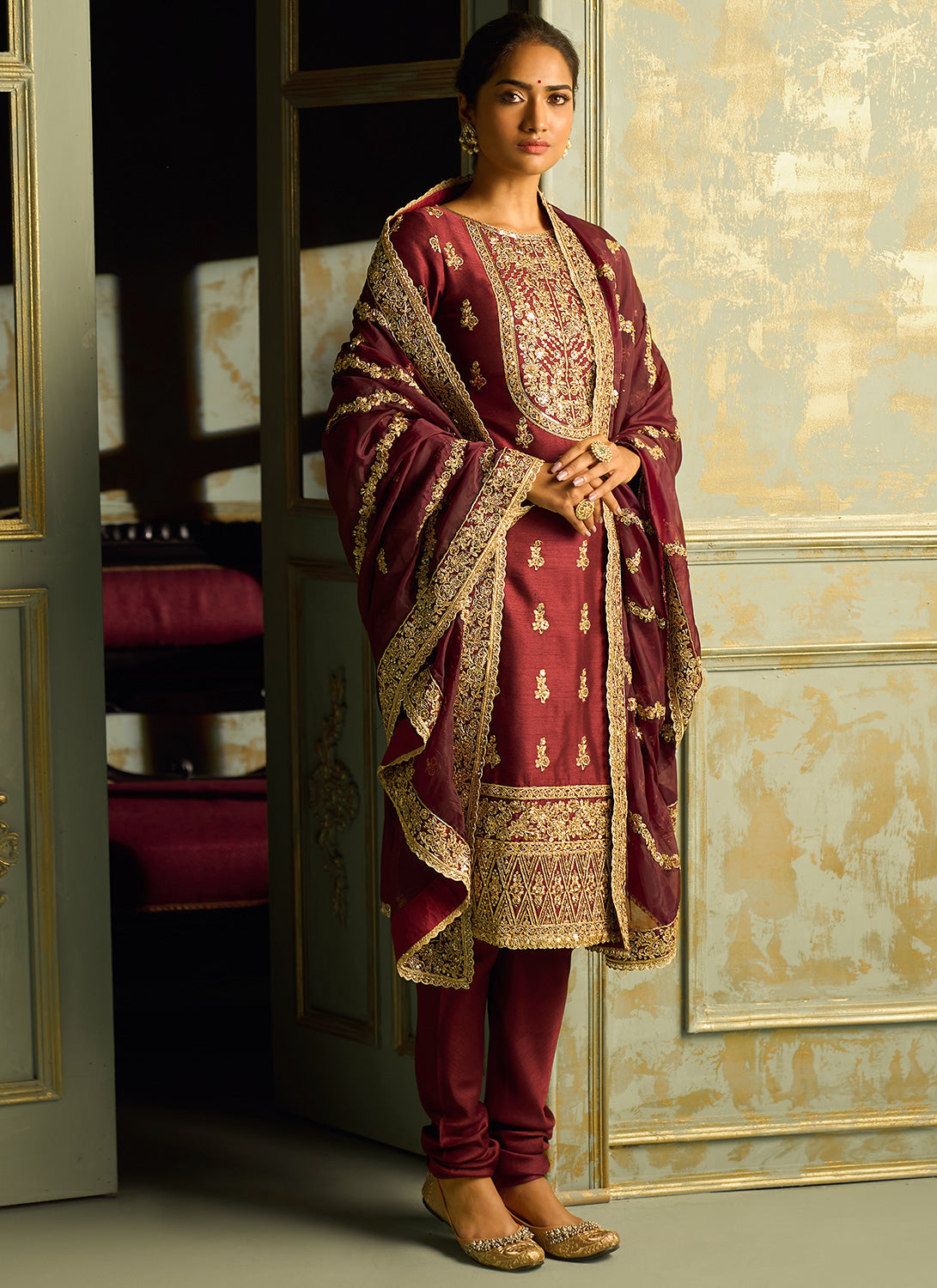 Maroon and Gold Embroidered Straight Suit